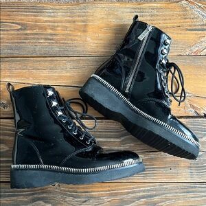 Michael Kors Patent Leather Black Combat Boots with Zipper Detail size 8.5